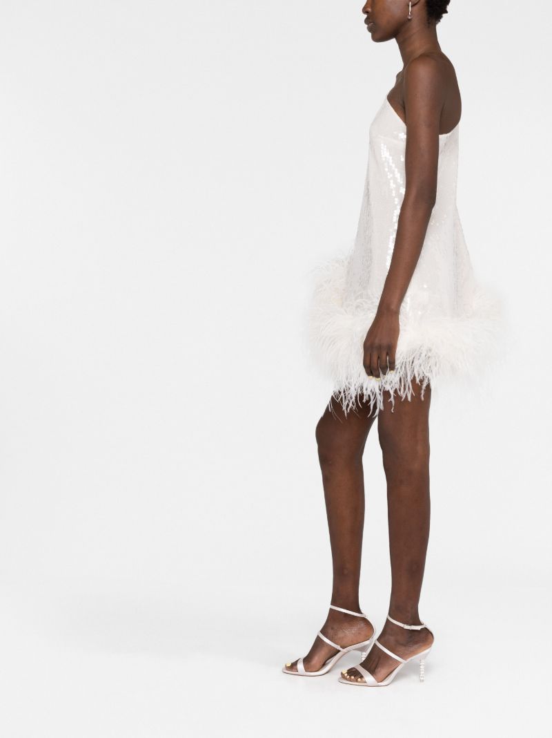 White Sequin One-shoulder Feather-trimmed Mini Dress