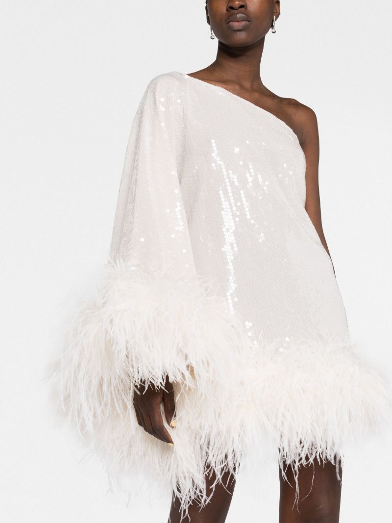 White Sequin One-shoulder Feather-trimmed Mini Dress