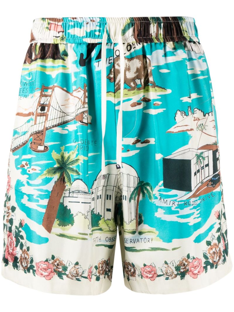 Blue California Printed Drawstring Shorts