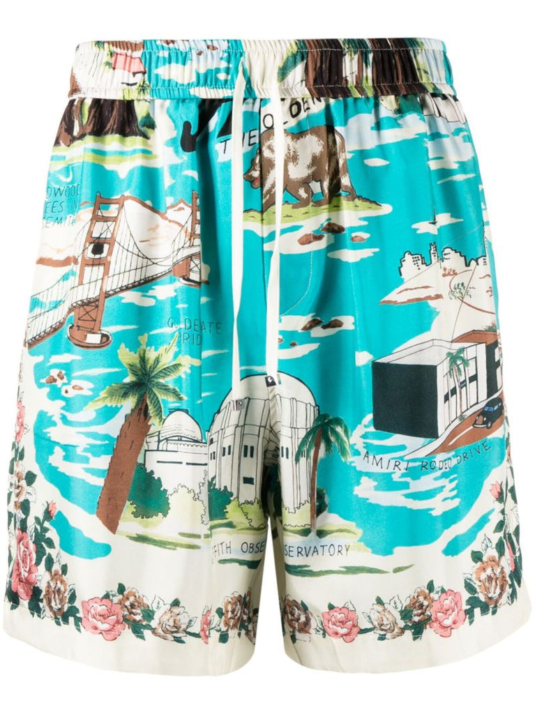 Blue California Printed Drawstring Shorts