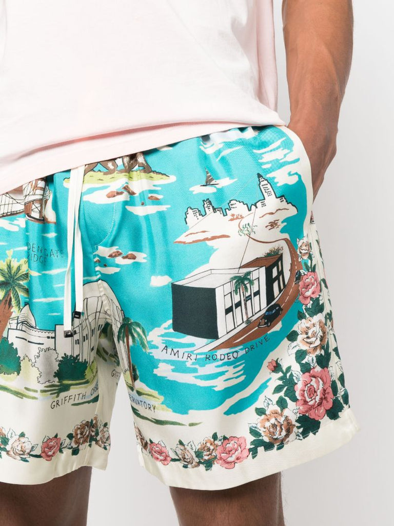 Blue California Printed Drawstring Shorts