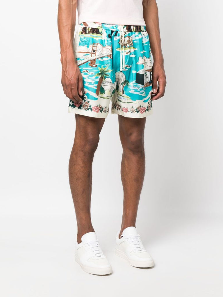 Blue California Printed Drawstring Shorts