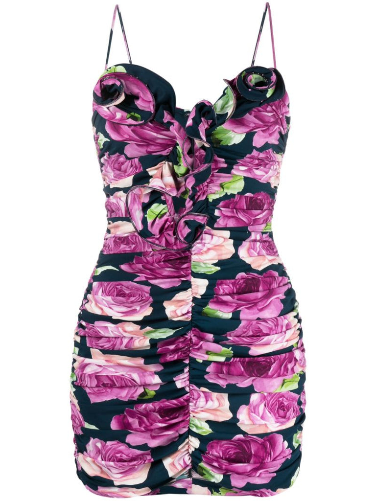 Blue Floral Print Ruched Mini Dress