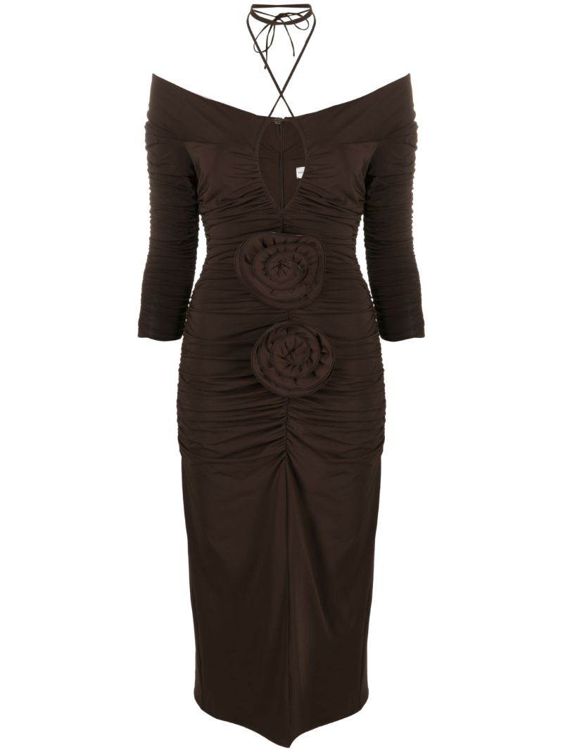 Brown Flower AppliquÃ_x0083_Â© Ruched Dress