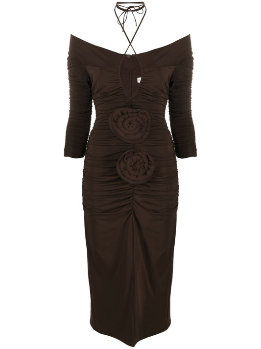 Brown Flower AppliquÃ_x0083_Â© Ruched Dress