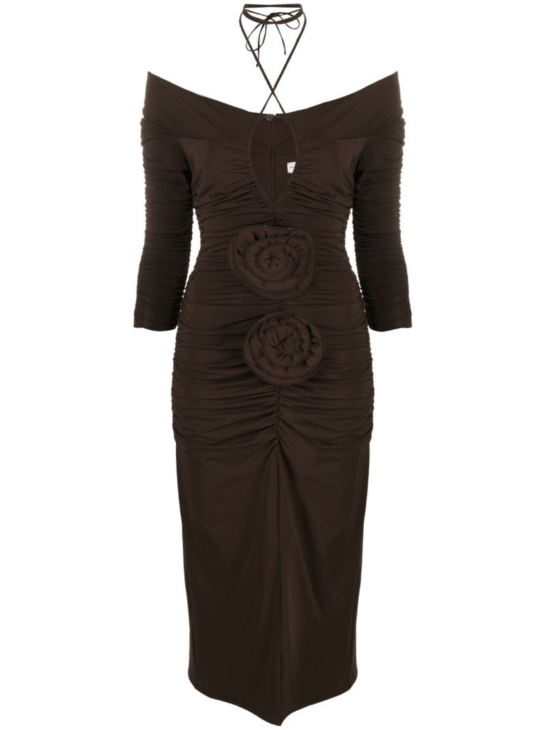 Brown Flower AppliquÃ_x0083_Â© Ruched Dress