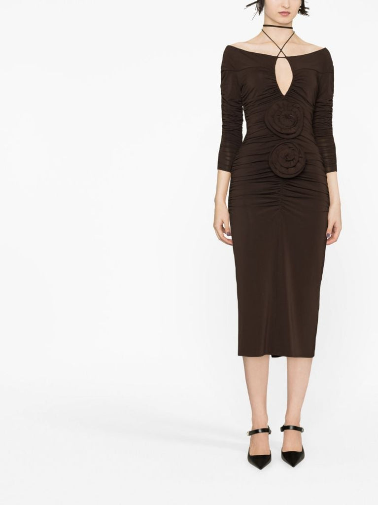 Brown Flower AppliquÃ_x0083_Â© Ruched Dress