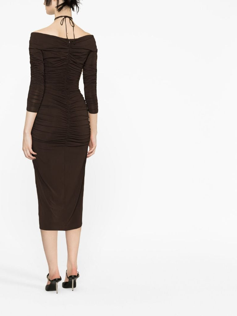 Brown Flower AppliquÃ_x0083_Â© Ruched Dress