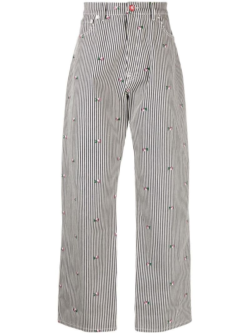 Blue Striped Floral Print Straight-leg Jeans