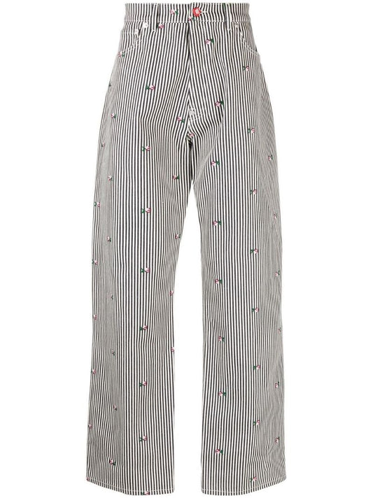 Blue Striped Floral Print Straight-leg Jeans