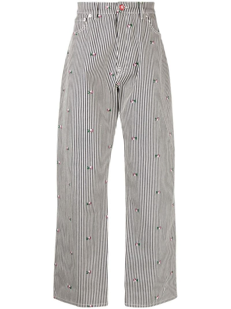 Blue Striped Floral Print Straight-leg Jeans