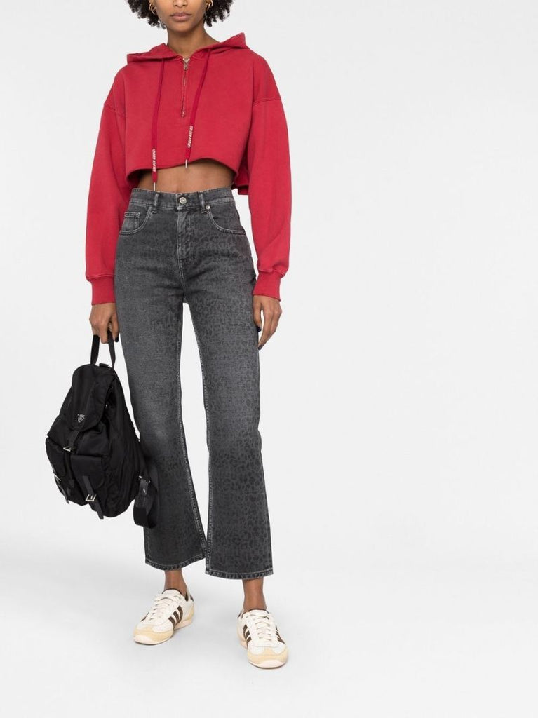 Grey Leopard Print Cropped Cotton Jeans