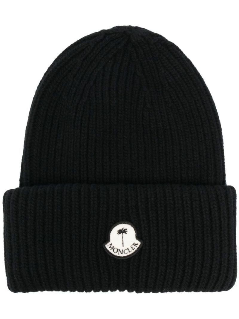 Black Logo-patch Ribbed-knit Beanie