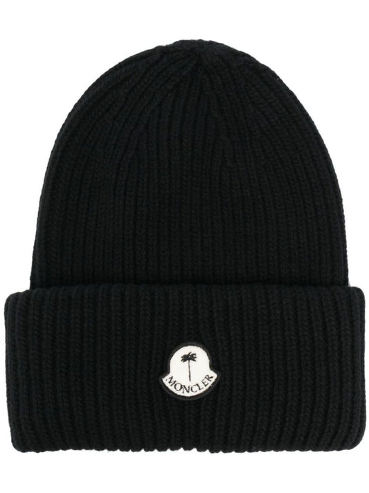 Black Logo-patch Ribbed-knit Beanie