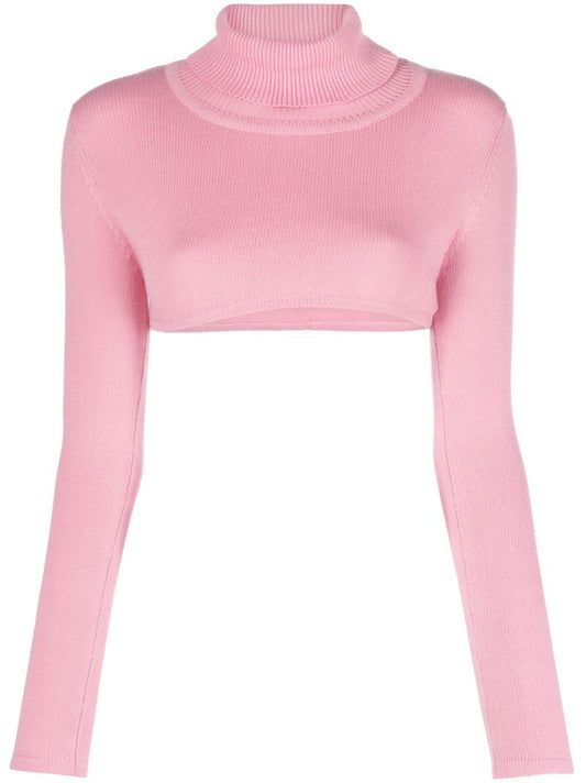 Pink Cropped Roll-neck Sweater