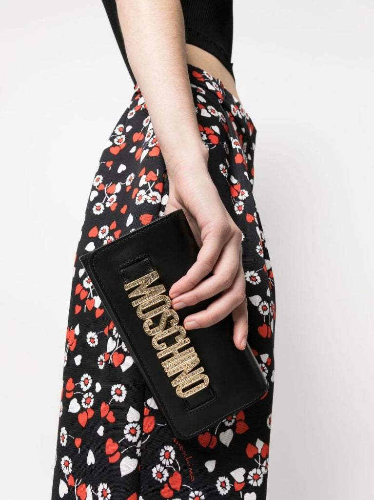 Black Crystal Logo Clutch Bag