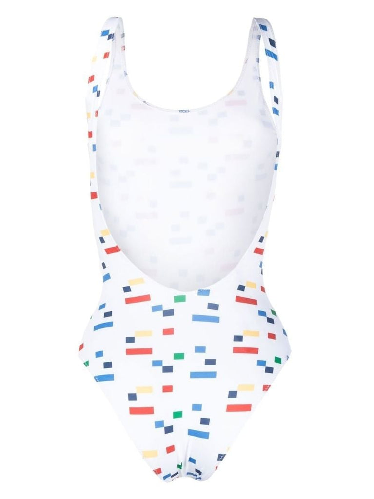 White Pixelated Logo Print Swimsuit
