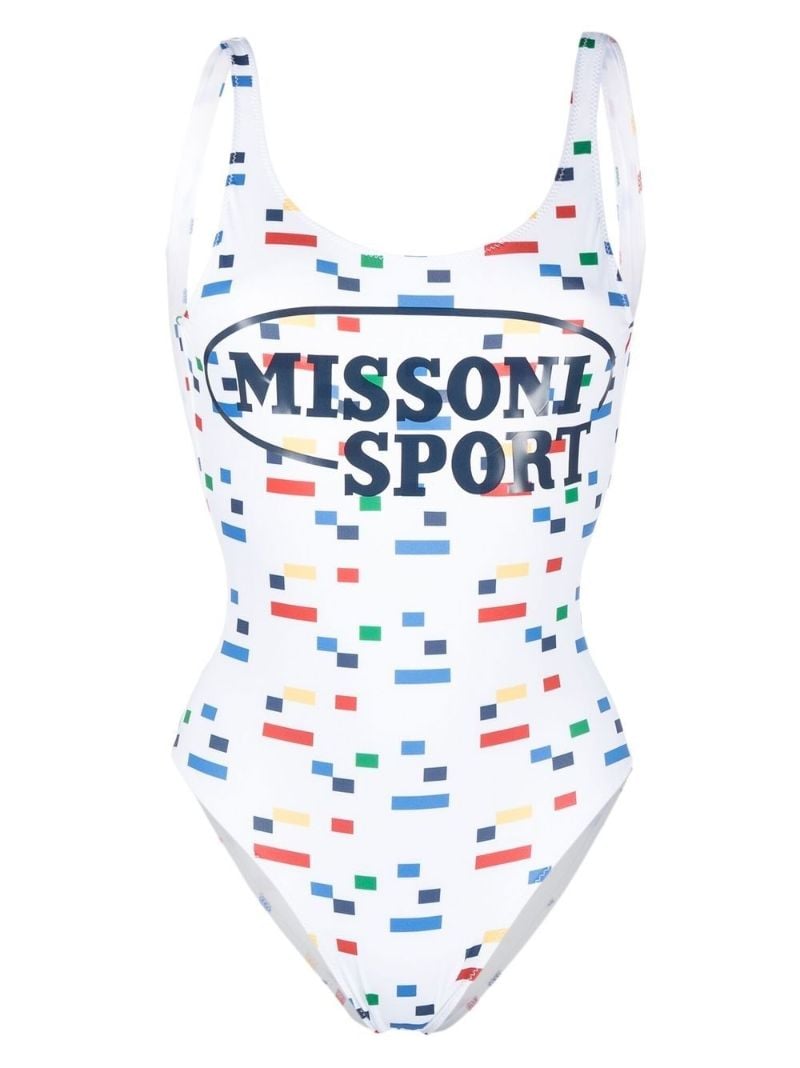 White Pixelated Logo Print Swimsuit