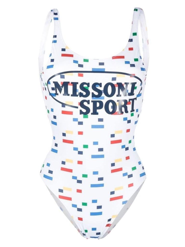 White Pixelated Logo Print Swimsuit