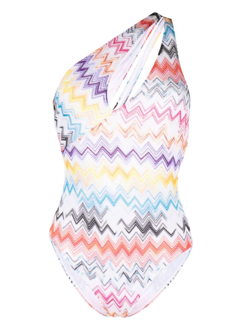 White Zigzag One Shoulder Swimsuit