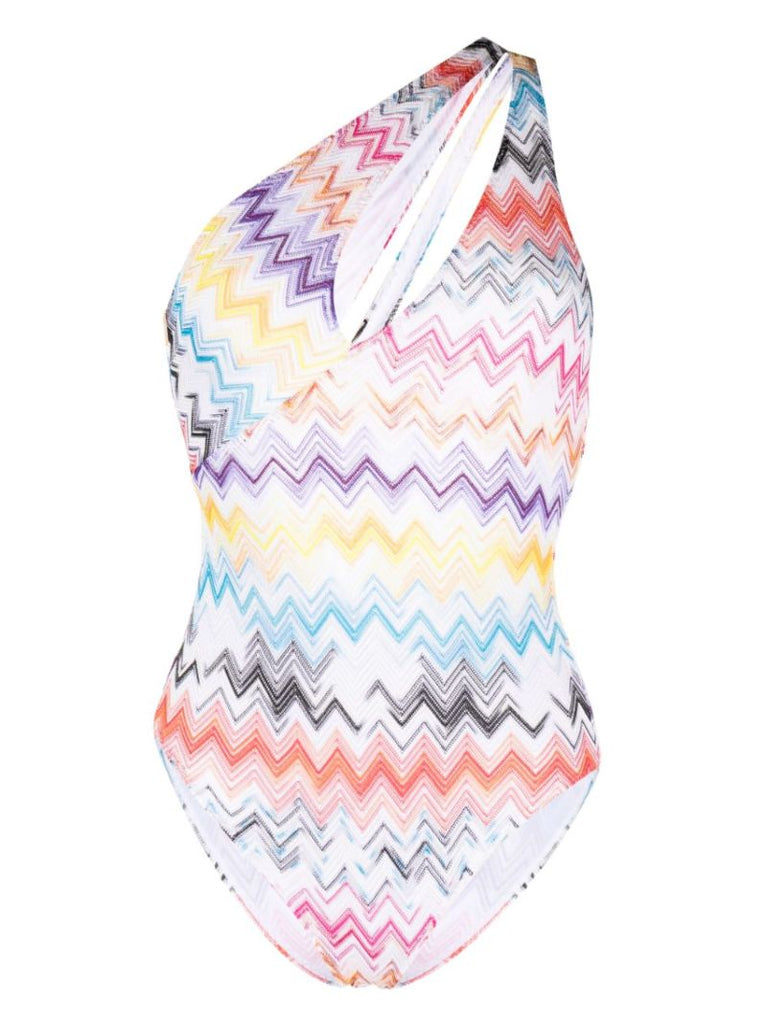 White Zigzag One Shoulder Swimsuit