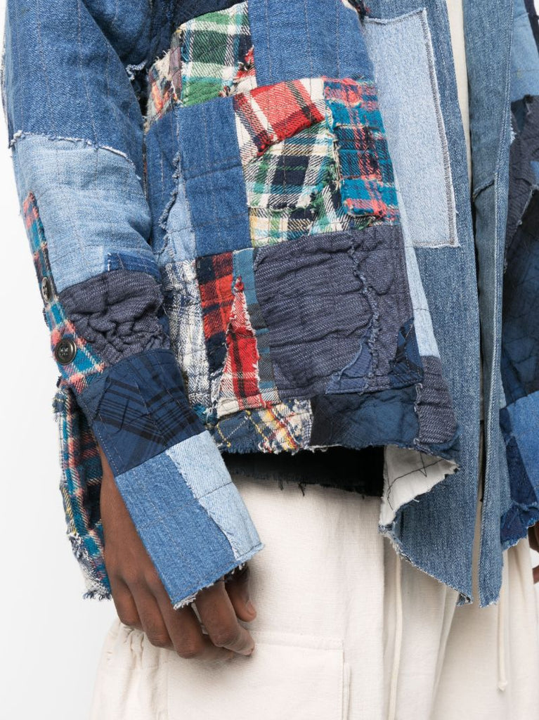 Blue Multi-stitch Denim Patchwork Cardigan