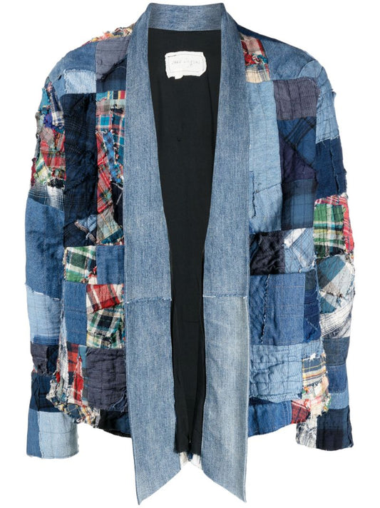 Blue Multi-stitch Denim Patchwork Cardigan