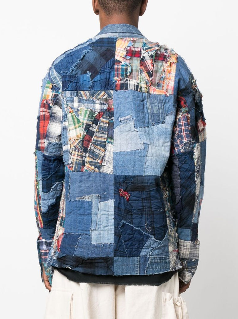 Blue Multi-stitch Denim Patchwork Cardigan
