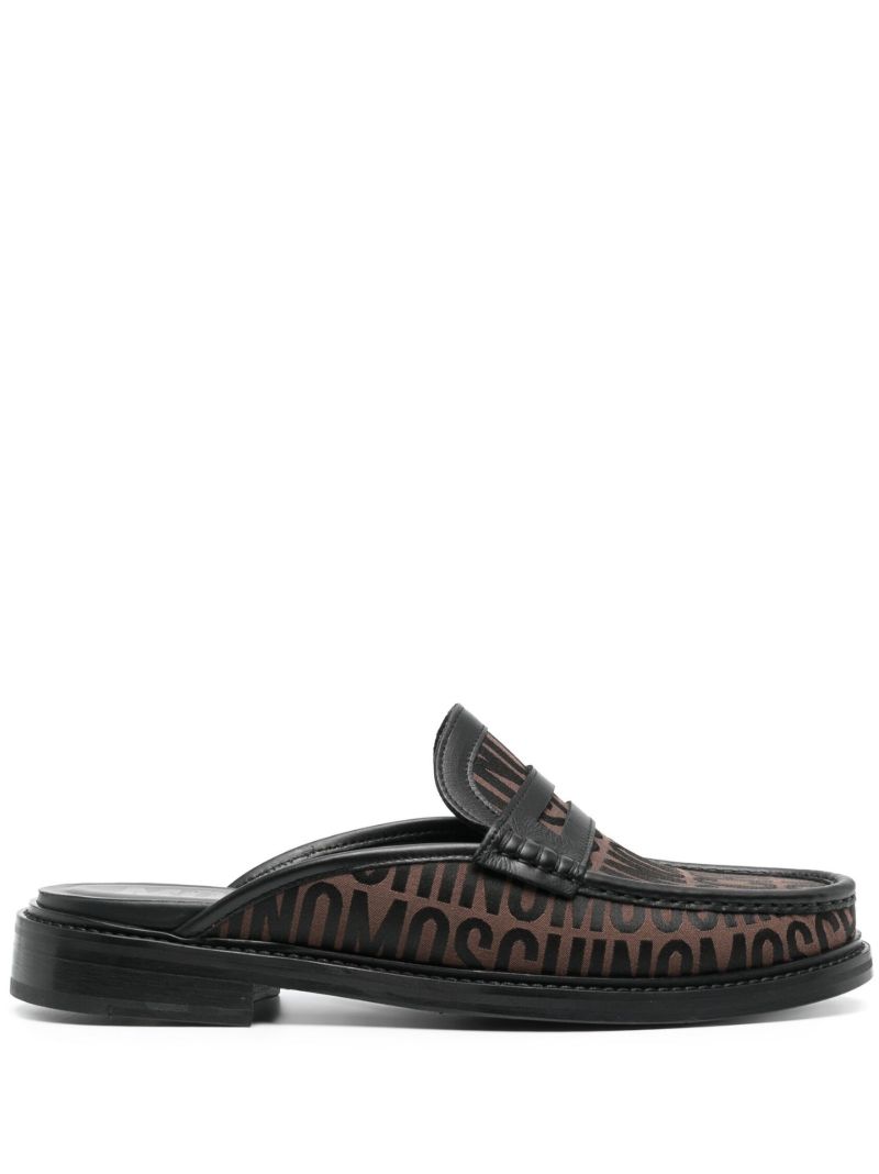 Brown Logo Jacquard Leather Mules