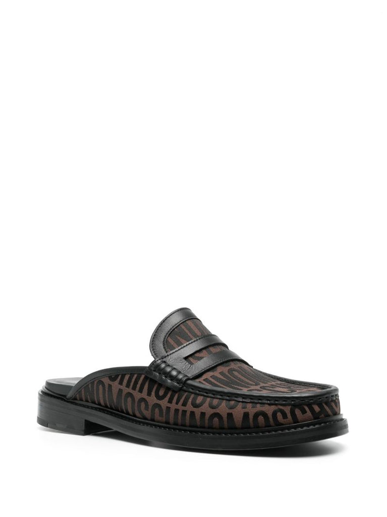 Brown Logo Jacquard Leather Mules