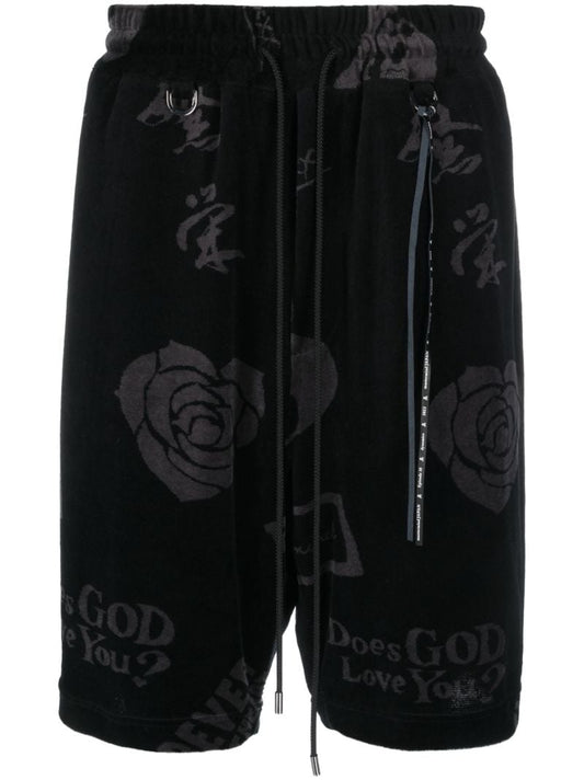 Black Flocked Rose Track Shorts