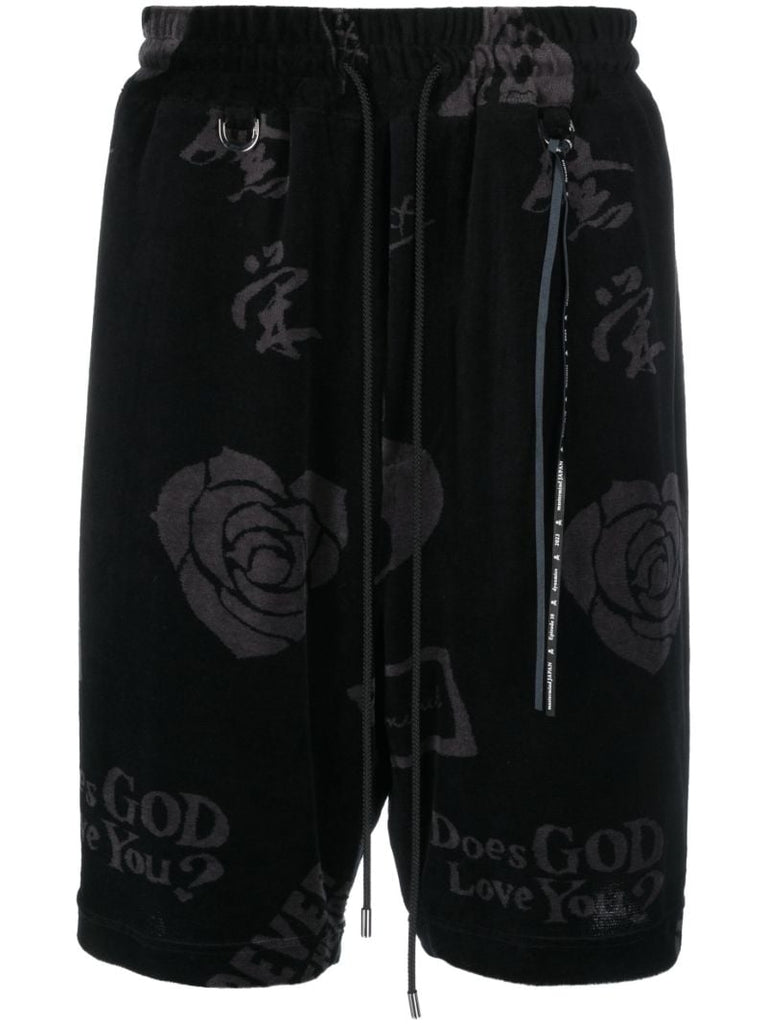 Black Flocked Rose Track Shorts