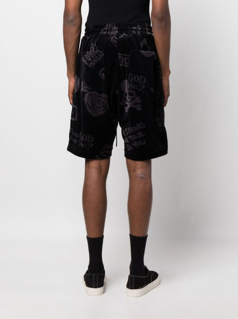 Black Flocked Rose Track Shorts