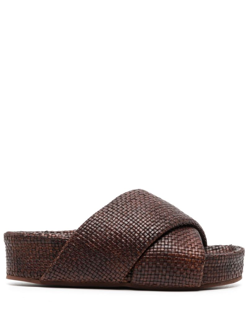 Brown Woven Leather Flatform Slides
