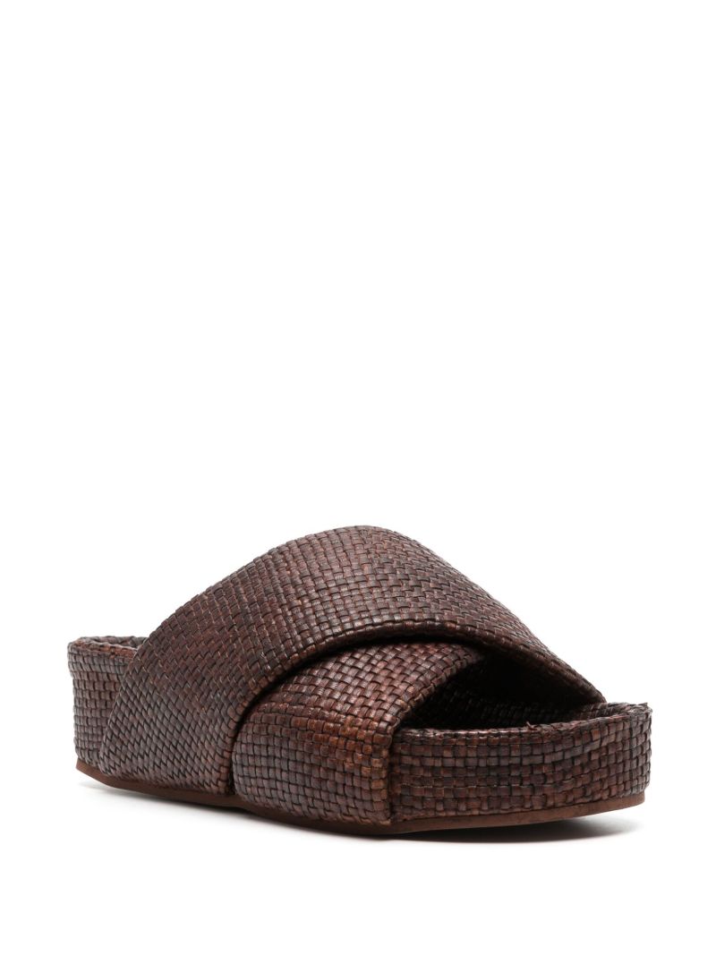 Brown Woven Leather Flatform Slides