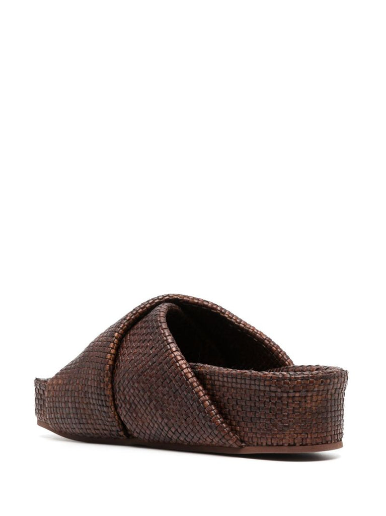 Brown Woven Leather Flatform Slides