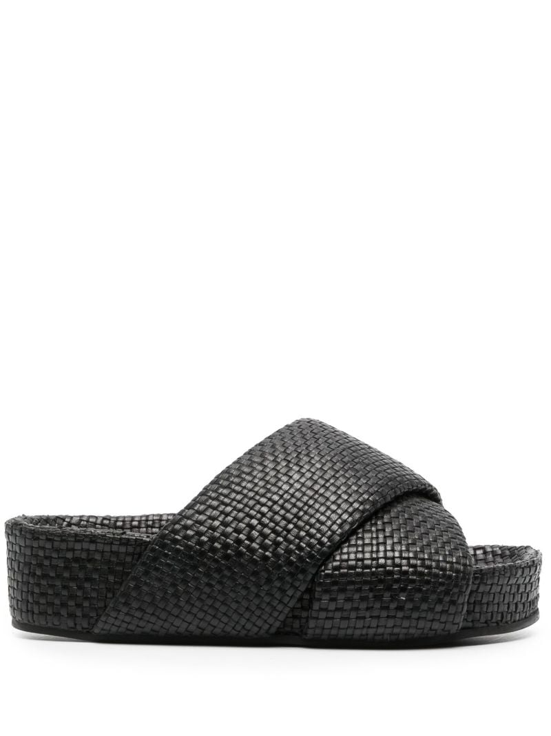 Black Woven Leather Flatform Slides