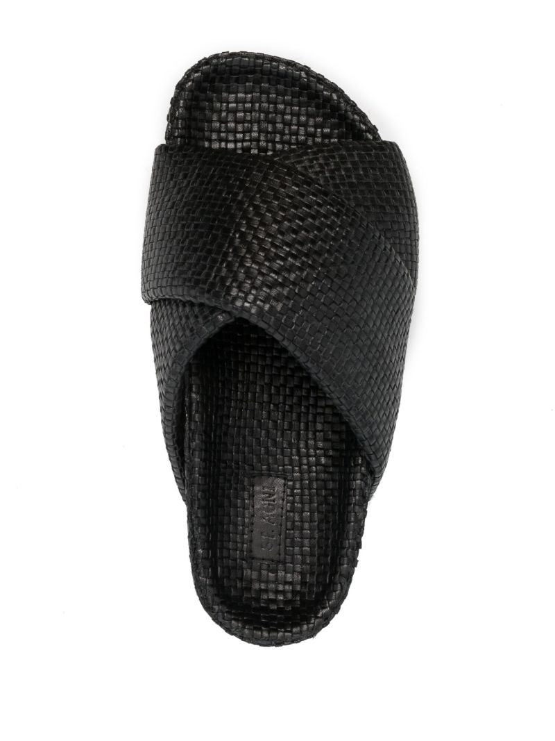 Black Woven Leather Flatform Slides