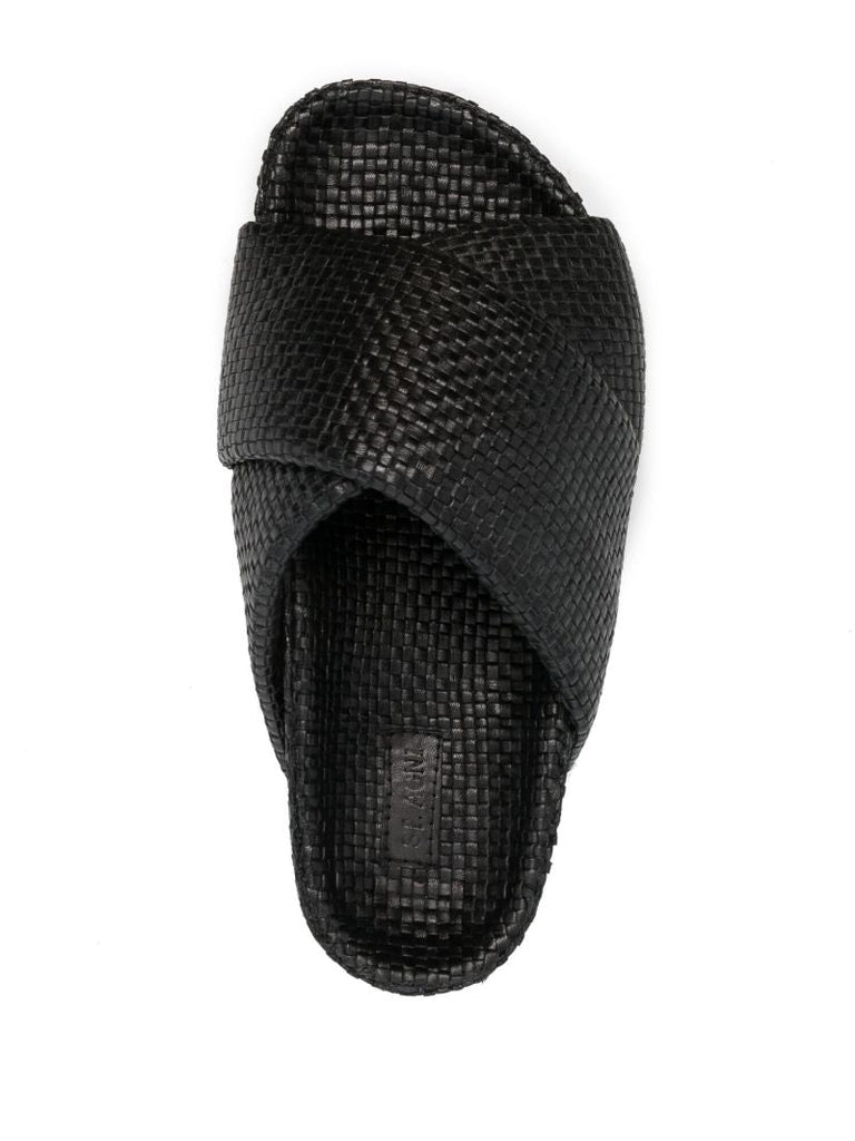 Black Woven Leather Flatform Slides