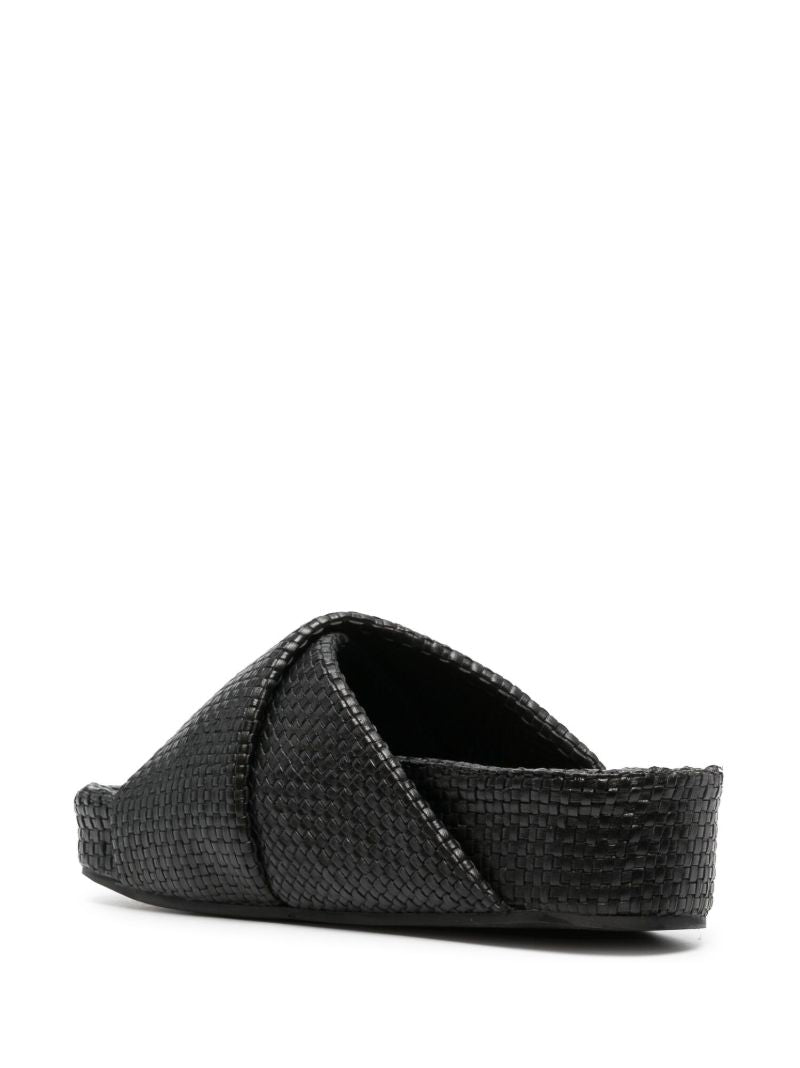 Black Woven Leather Flatform Slides
