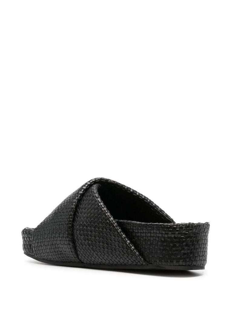 Black Woven Leather Flatform Slides