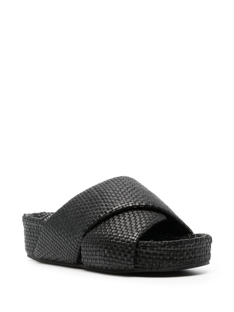 Black Woven Leather Flatform Slides