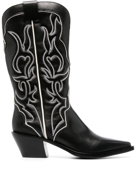 Black Leather Olive Cowboy Boots