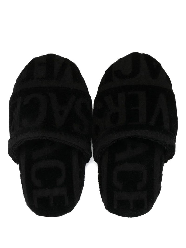 Black Logo Towelling Effect Slippers