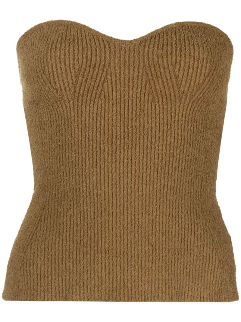 Brown Ribbed-knit Bandeau Top