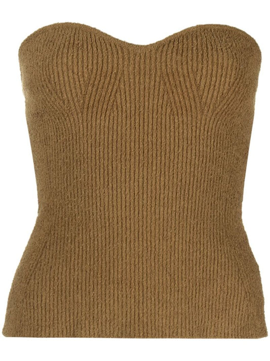 Brown Ribbed-knit Bandeau Top
