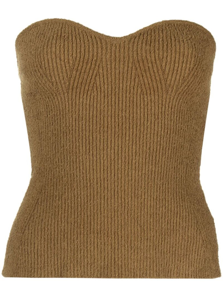 Brown Ribbed-knit Bandeau Top