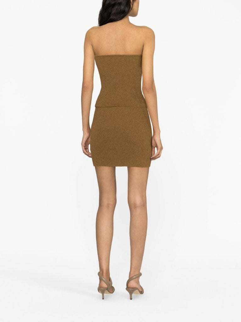 Brown Ribbed-knit Bandeau Top