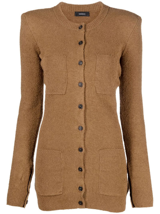 Brown Crew-neck Knitted Cardigan