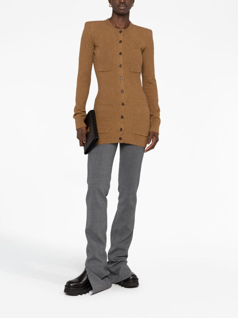 Brown Crew-neck Knitted Cardigan